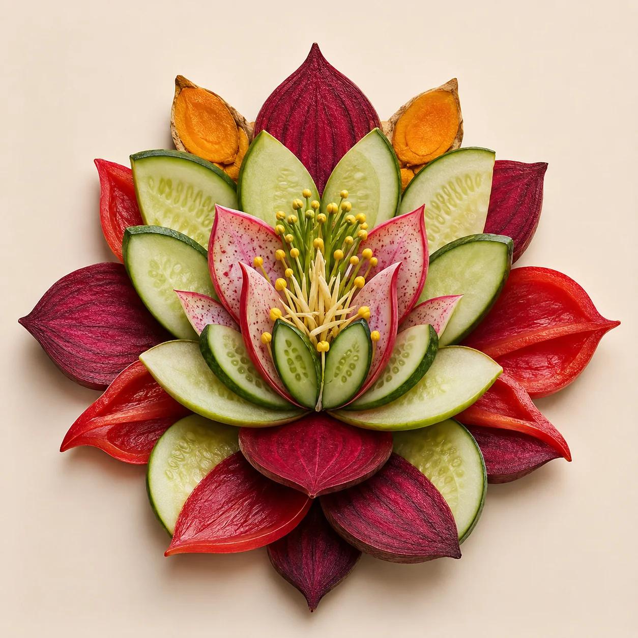A lotus formed entirely from fresh vegetables — beetroot, cucumber, turmeric and radish — symbolising Blossom's food-as-medicine philosophy