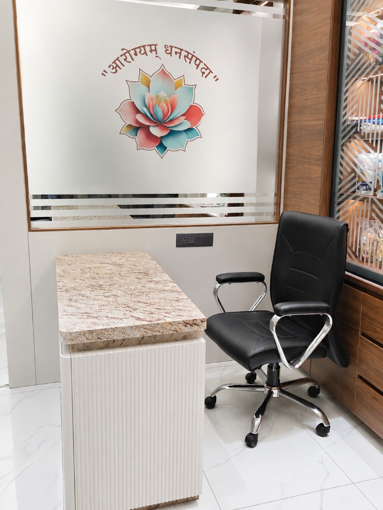 Consultation room with the Blossom lotus on frosted glass