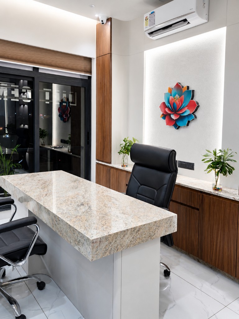 Consultation office with lotus wall art and marble desk