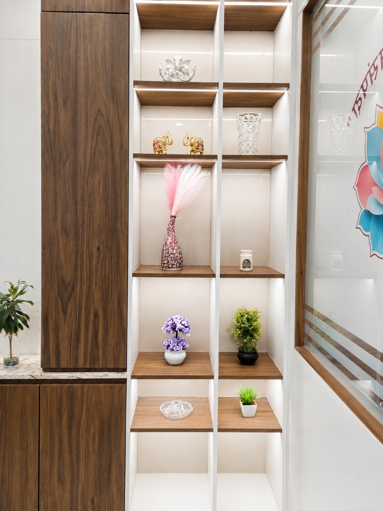Built-in wooden display shelving in the clinic