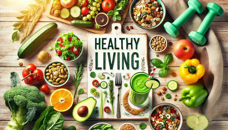 Healthy living spread with fresh fruit, vegetables, a green smoothie, and light exercise weights