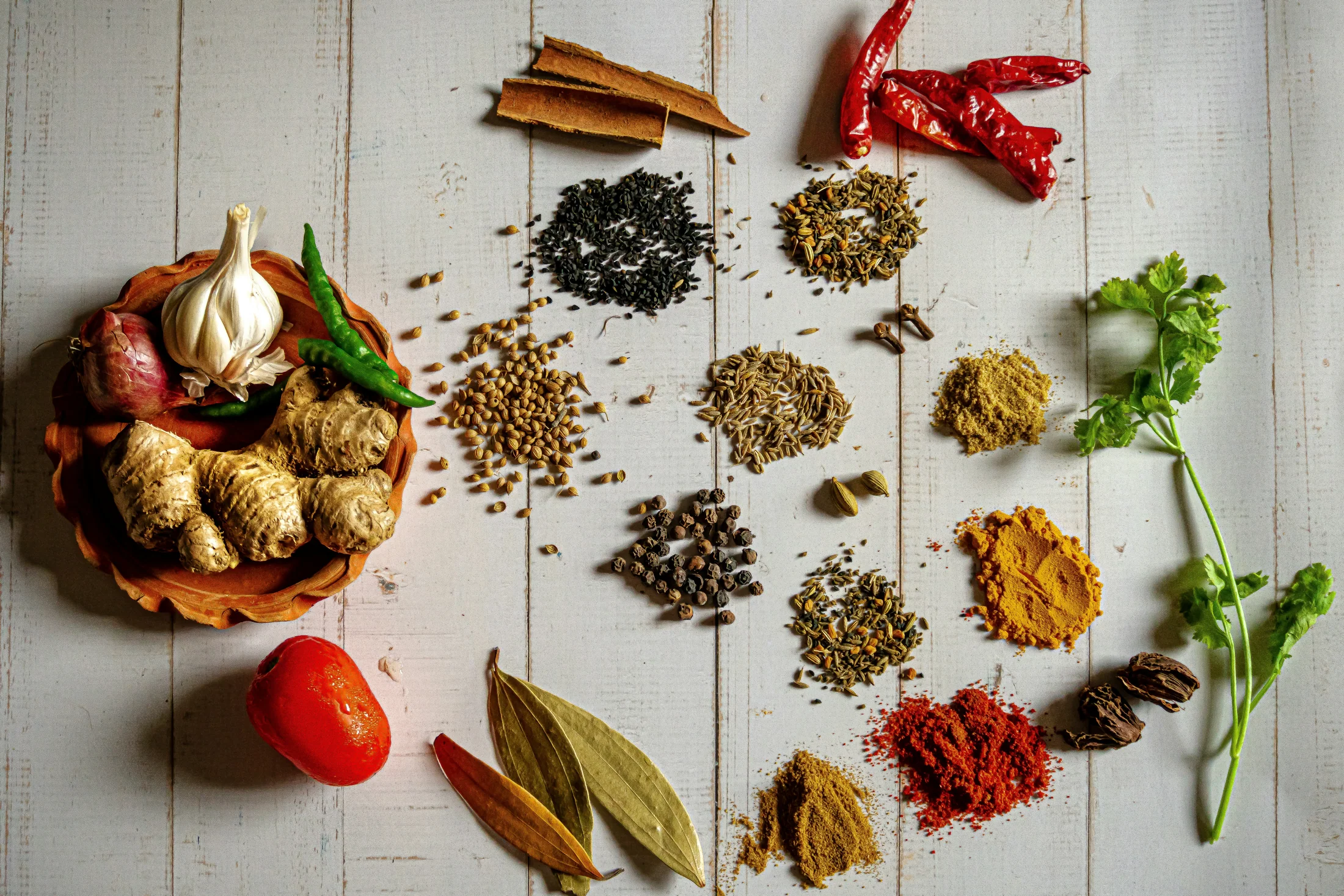 Indian spices and herbs arranged on a light surface